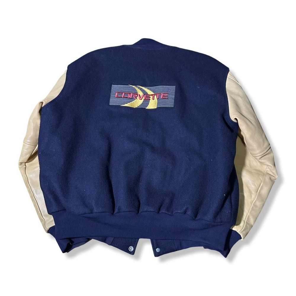 Vintage Corvette Blue And Cream Varsity Bomber Jacket Size XL 90s Cars Outerwear